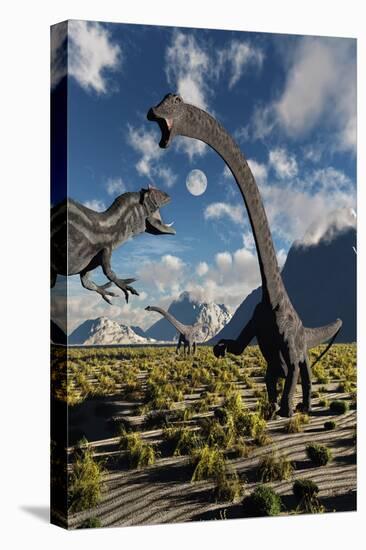 An Allosaurus Dinosaur Confronts a Pair of Diplodocus Dinosaurs-null-Stretched Canvas