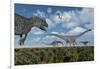 An Allosaurus Dinosaur Stalking a Herd of Diplodocus Dinosaurs-null-Framed Art Print