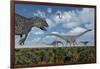 An Allosaurus Dinosaur Stalking a Herd of Diplodocus Dinosaurs-null-Framed Art Print