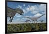 An Allosaurus Dinosaur Stalking a Herd of Diplodocus Dinosaurs-null-Framed Art Print