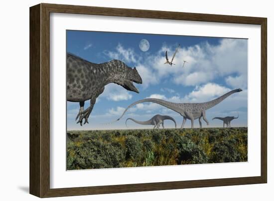 An Allosaurus Dinosaur Stalking a Herd of Diplodocus Dinosaurs-null-Framed Art Print