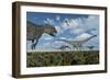 An Allosaurus Dinosaur Stalking a Herd of Diplodocus Dinosaurs-null-Framed Art Print