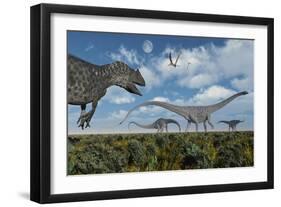 An Allosaurus Dinosaur Stalking a Herd of Diplodocus Dinosaurs-null-Framed Art Print