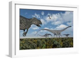 An Allosaurus Dinosaur Stalking a Herd of Diplodocus Dinosaurs-null-Framed Art Print