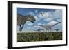 An Allosaurus Dinosaur Stalking a Herd of Diplodocus Dinosaurs-null-Framed Premium Giclee Print