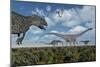 An Allosaurus Dinosaur Stalking a Herd of Diplodocus Dinosaurs-null-Mounted Premium Giclee Print