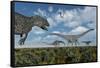 An Allosaurus Dinosaur Stalking a Herd of Diplodocus Dinosaurs-null-Framed Stretched Canvas