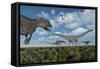 An Allosaurus Dinosaur Stalking a Herd of Diplodocus Dinosaurs-null-Framed Stretched Canvas