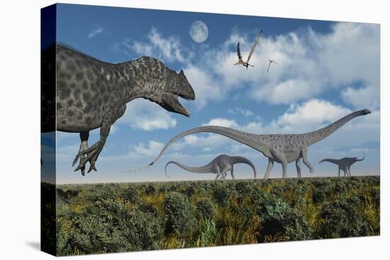 An Allosaurus Dinosaur Stalking a Herd of Diplodocus Dinosaurs-null-Stretched Canvas