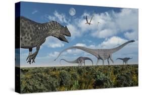 An Allosaurus Dinosaur Stalking a Herd of Diplodocus Dinosaurs-null-Stretched Canvas