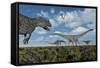 An Allosaurus Dinosaur Stalking a Herd of Diplodocus Dinosaurs-null-Framed Stretched Canvas