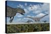 An Allosaurus Dinosaur Stalking a Herd of Diplodocus Dinosaurs-null-Stretched Canvas