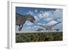 An Allosaurus Dinosaur Stalking a Herd of Diplodocus Dinosaurs-null-Framed Art Print