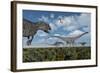 An Allosaurus Dinosaur Stalking a Herd of Diplodocus Dinosaurs-null-Framed Art Print