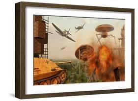 An Alternate Reality Where Allied and German Forces Unite in Fighting an Alien Invasion-null-Framed Premium Giclee Print