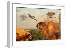 An Alternate Reality Where Allied and German Forces Unite in Fighting an Alien Invasion-null-Framed Art Print