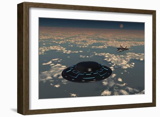 An American F-22 Raptor Chasing a Larger Ufo in American Airspace-null-Framed Art Print