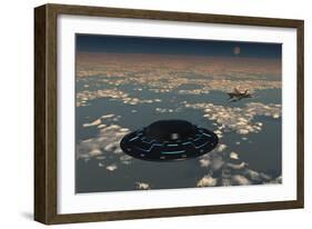 An American F-22 Raptor Chasing a Larger Ufo in American Airspace-null-Framed Art Print