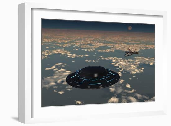 An American F-22 Raptor Chasing a Larger Ufo in American Airspace-null-Framed Art Print