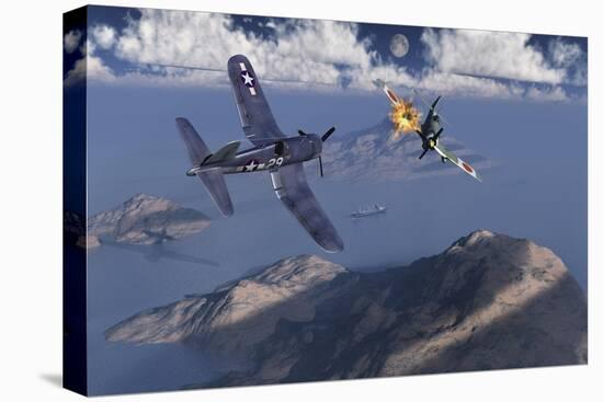 An American F4U Corsair Attacking a Japanese Nakajima Ki-84 Fighter Plane-Stocktrek Images-Stretched Canvas