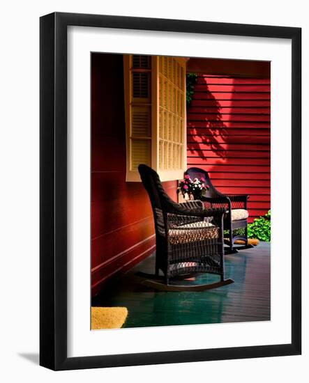 An American Front Porch with Wooden Boarding and Two Whicker Rocking Chairs-Jody Miller-Framed Photographic Print