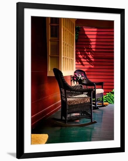 An American Front Porch with Wooden Boarding and Two Whicker Rocking Chairs-Jody Miller-Framed Photographic Print