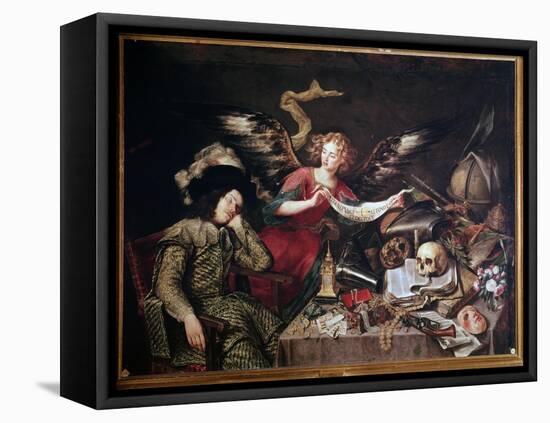 An angel shows the dream of a sleeping knight-Antonio De pereda-Framed Stretched Canvas
