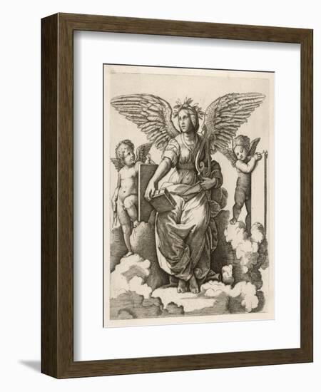 An Angel Sits Holding a Book and a Lyre Accompanied by Cherubim-null-Framed Art Print