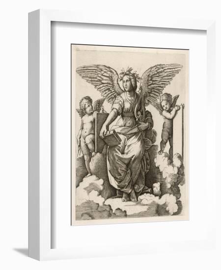 An Angel Sits Holding a Book and a Lyre Accompanied by Cherubim-null-Framed Art Print