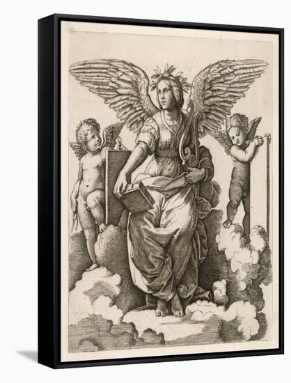 An Angel Sits Holding a Book and a Lyre Accompanied by Cherubim-null-Framed Stretched Canvas