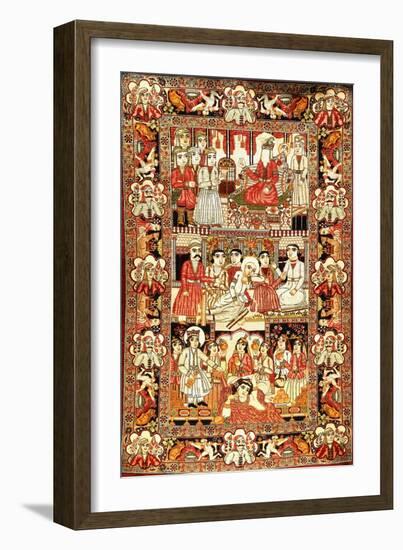 An Antique Pictorial Kirman Rug-null-Framed Giclee Print