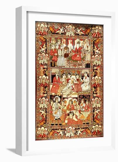 An Antique Pictorial Kirman Rug-null-Framed Giclee Print