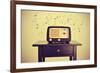 An Antique Radio Receptor on a Desk and Musical Notes, with a Retro Effect-nito-Framed Photographic Print