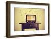 An Antique Radio Receptor on a Desk and Musical Notes, with a Retro Effect-nito-Framed Photographic Print