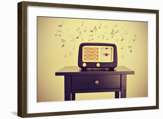 An Antique Radio Receptor on a Desk and Musical Notes, with a Retro Effect-nito-Framed Photographic Print