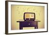 An Antique Radio Receptor on a Desk and Musical Notes, with a Retro Effect-nito-Framed Photographic Print