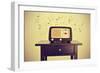 An Antique Radio Receptor on a Desk and Musical Notes, with a Retro Effect-nito-Framed Photographic Print