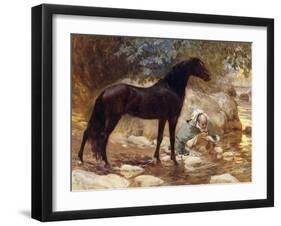 An Arab watering his Horse by a River-Frederick Arthur Bridgman-Framed Giclee Print