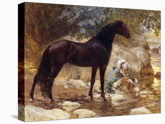 An Arab watering his Horse by a River-Frederick Arthur Bridgman-Stretched Canvas