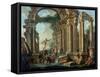 An Architectural Capriccio with Statues of the Warrior Agasias and the Apollo Belvedere-Giovanni Paolo Pannini-Framed Stretched Canvas