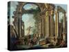 An Architectural Capriccio with Statues of the Warrior Agasias and the Apollo Belvedere-Giovanni Paolo Pannini-Stretched Canvas