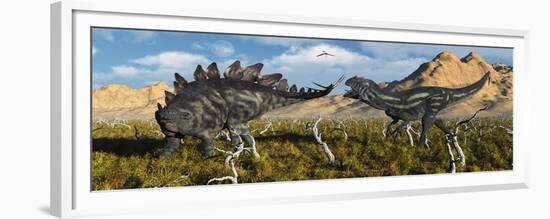 An Armor Plated Stegosaurus Defending Itself from an Attacking Allosaurus-null-Framed Premium Giclee Print