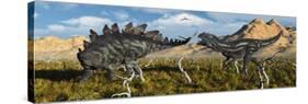 An Armor Plated Stegosaurus Defending Itself from an Attacking Allosaurus-null-Stretched Canvas