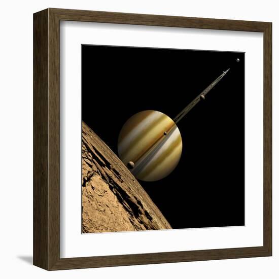 An Artist's Depiction of a Ringed Gas Giant Planet with Six Moons-null-Framed Art Print