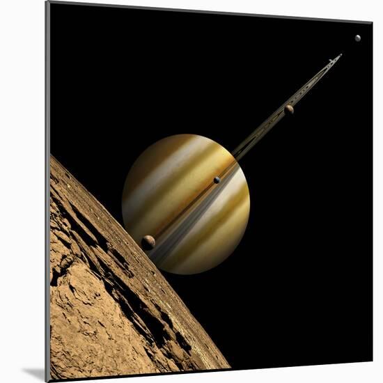 An Artist's Depiction of a Ringed Gas Giant Planet with Six Moons-null-Mounted Art Print