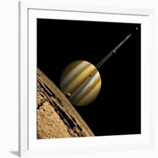 An Artist's Depiction of a Ringed Gas Giant Planet with Six Moons-null-Framed Art Print