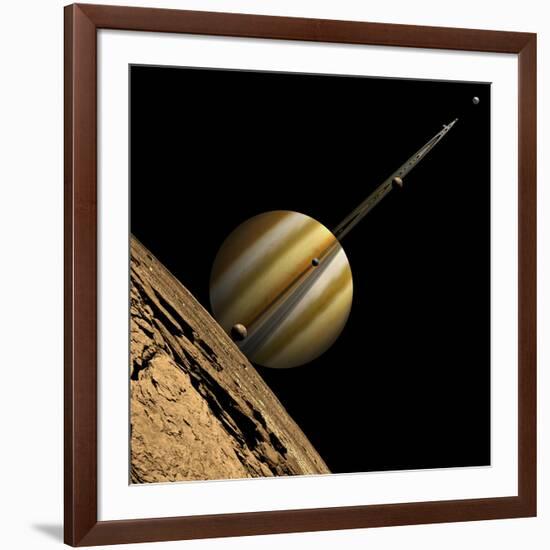 An Artist's Depiction of a Ringed Gas Giant Planet with Six Moons-null-Framed Art Print