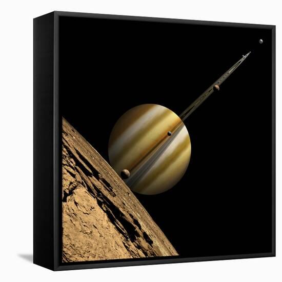 An Artist's Depiction of a Ringed Gas Giant Planet with Six Moons-null-Framed Stretched Canvas