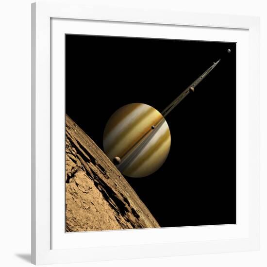 An Artist's Depiction of a Ringed Gas Giant Planet with Six Moons-null-Framed Art Print