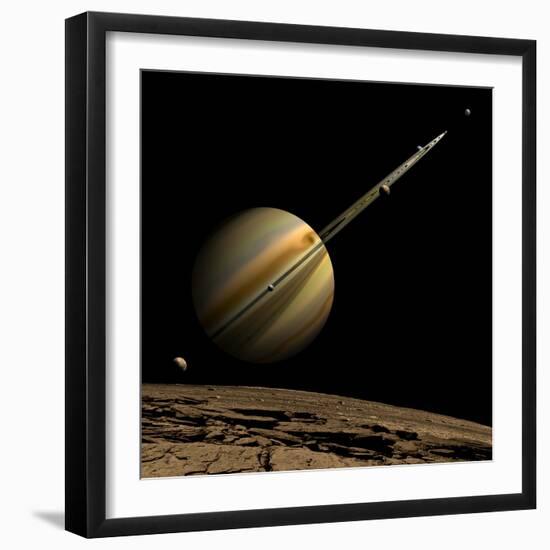 An Artist's Depiction of a Ringed Gas Giant Planet with Six Moons-null-Framed Art Print